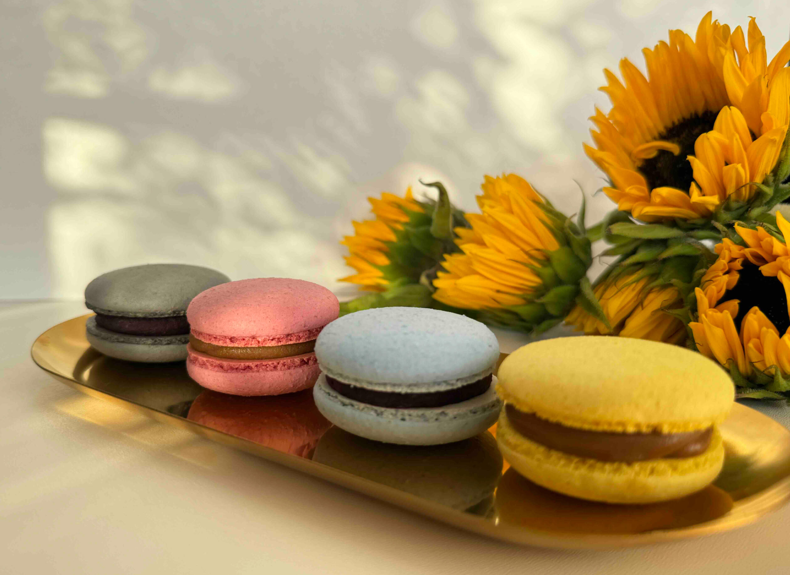 Assorted colorful macarons in various flavors arranged on a plate